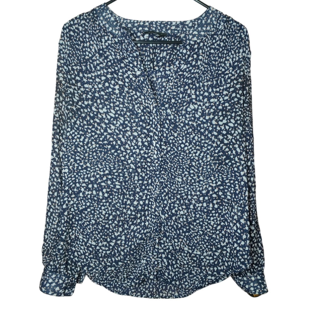Banana Republic Sheer Blouse, Navy W/Peach & White Spots, Button-Up, Size Medium